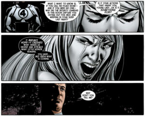 New Avengers #2. Reed Richards kuulustelee toiselta, tuhoutuneelta maapallolta meidän planeetallemme saapunutta Black Swania.