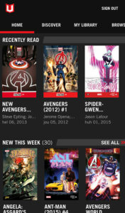 Kuvankaappaus Marvel Unlimitedin Android-appin etusivulta.
